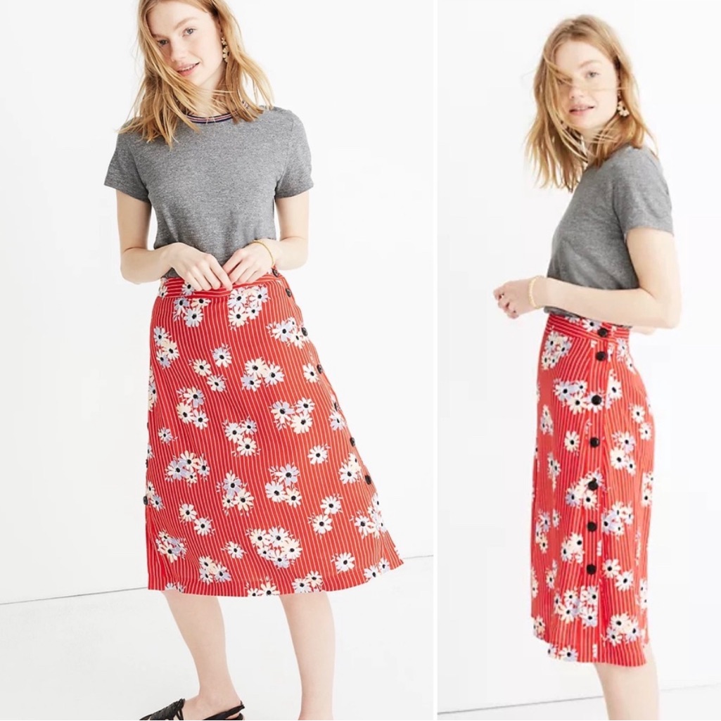 Madewell Red Striped Floral Skirt